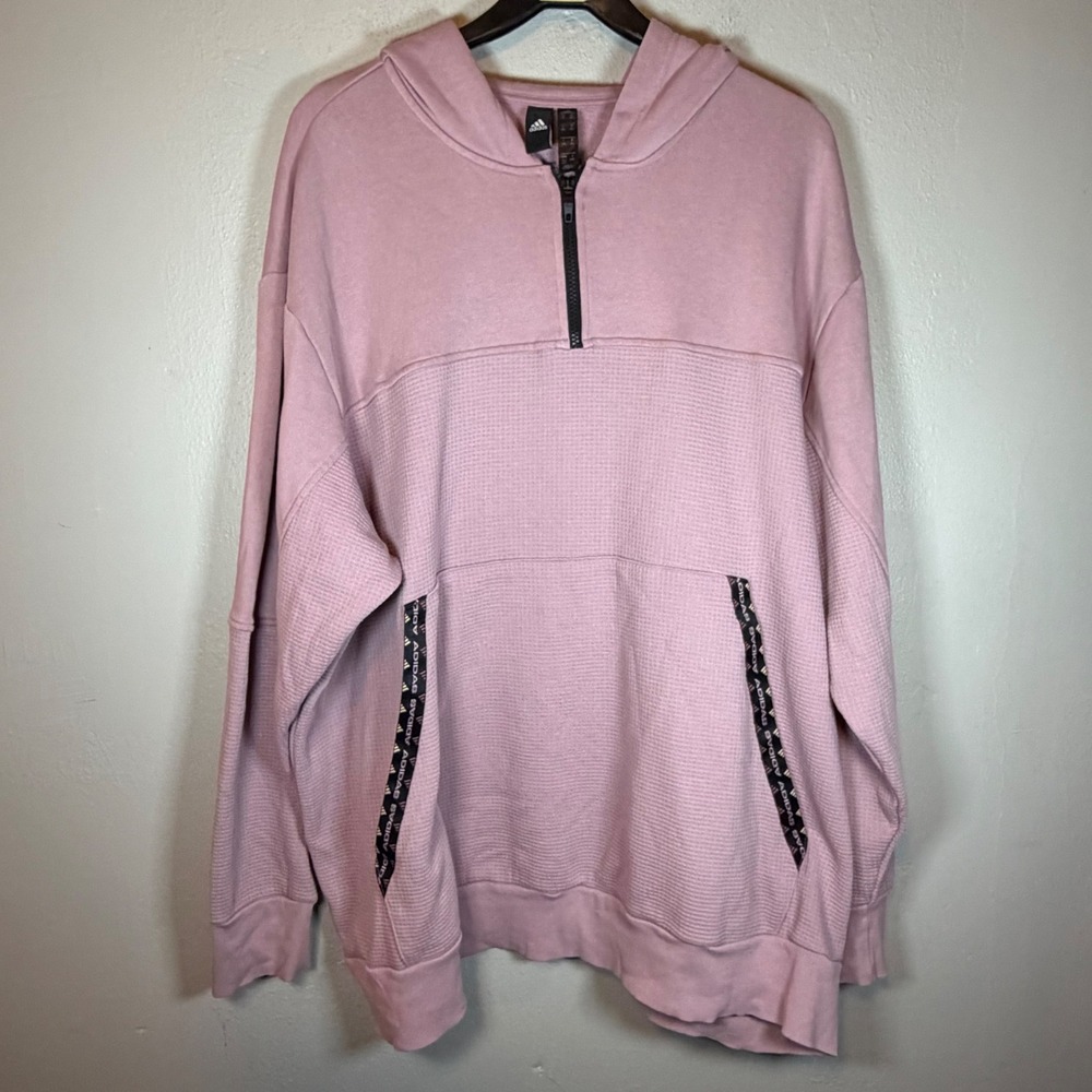 Adidas Womens 2XL Pink Waffle Knit Quarter Zip Hoodie Sweatshirt HH8990